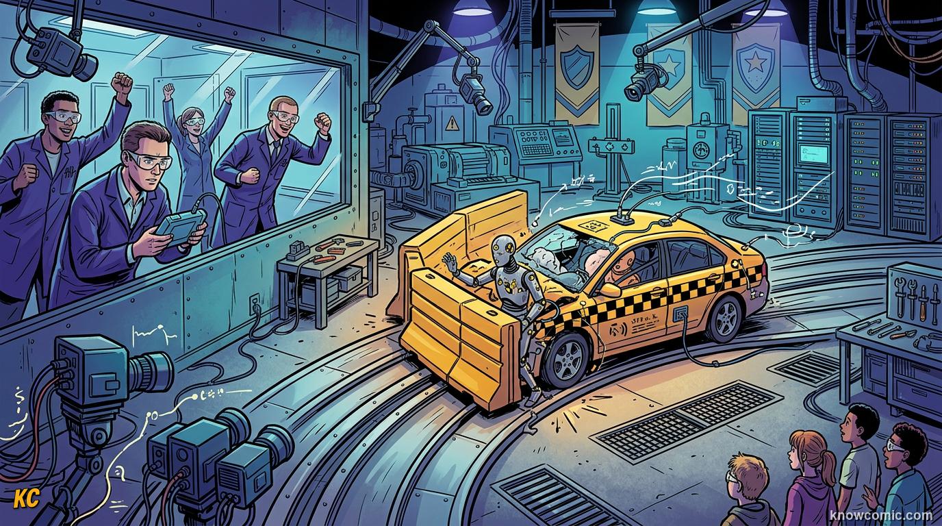 Comic panel about impact & impulse: Physics Saves Lives, educational kids illustration