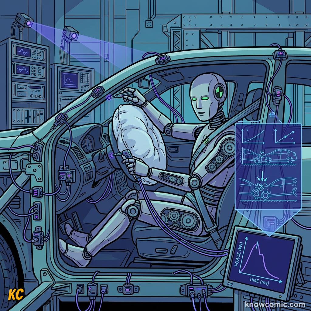 Comic panel about impact & impulse: Time Is The Secret To Survival, Crash Test, educational kids illustration
