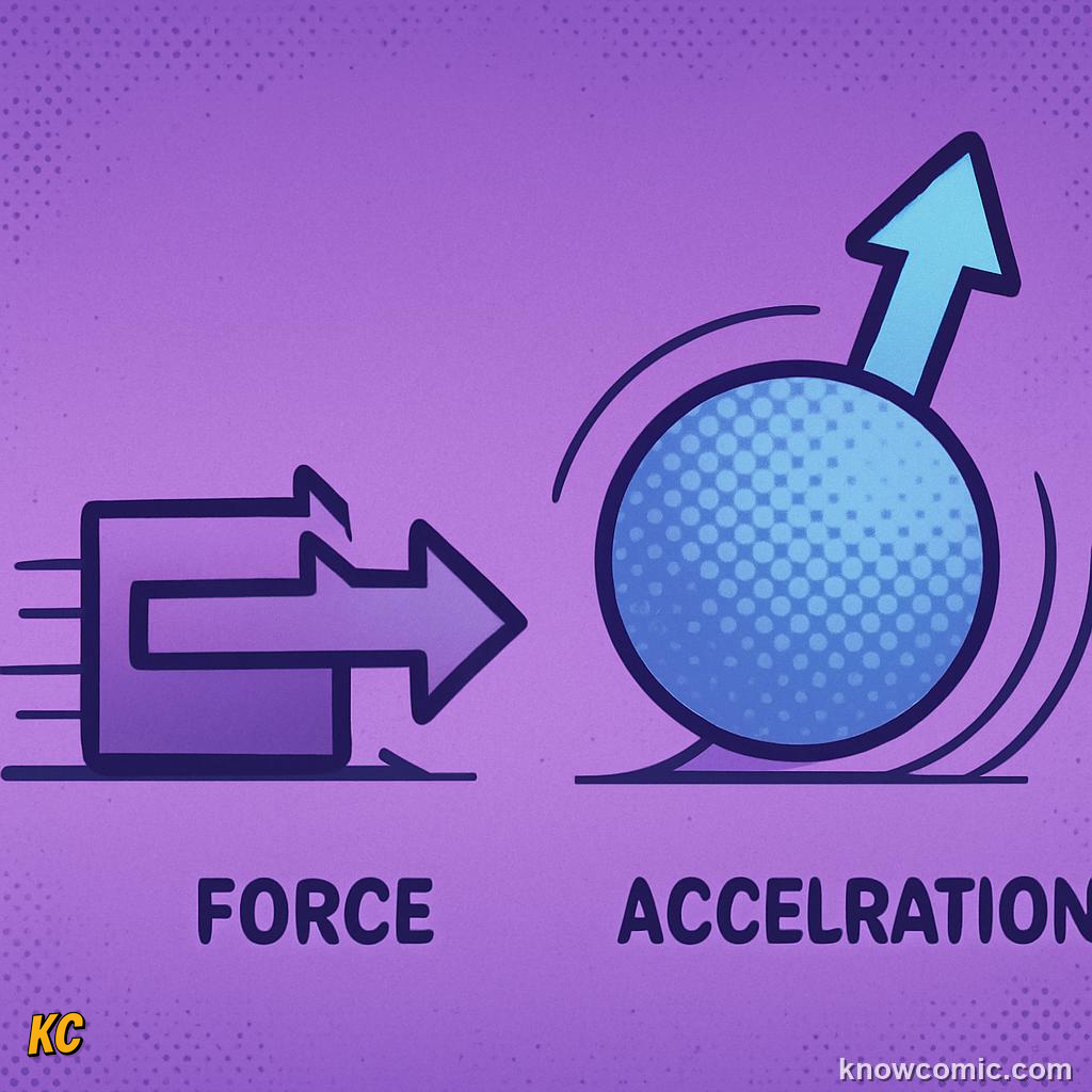Comic illustration: F = m × a, SAME FORCE