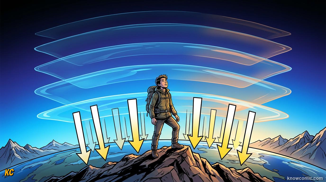 Comic panel about atmospheric pressure: Weight Of The Sky, educational kids illustration