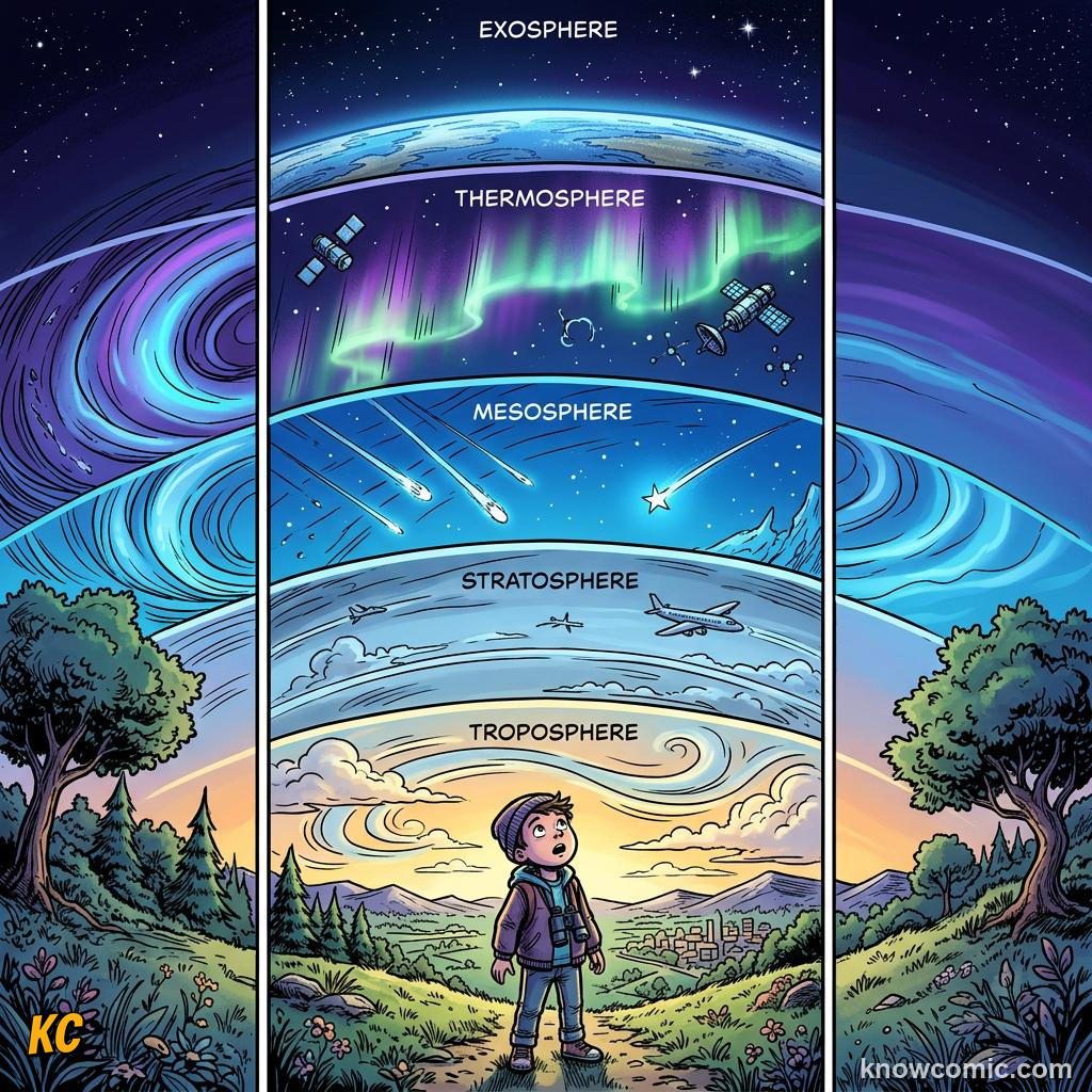 Comic panel about atmospheric pressure: Invisible Ocean, educational kids illustration