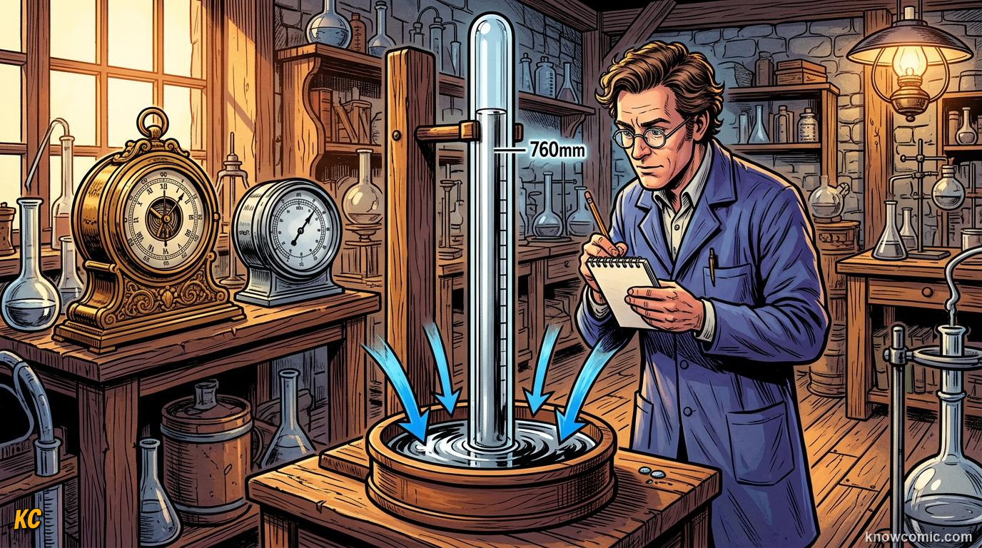 Comic panel about atmospheric pressure: Barometers, educational kids illustration