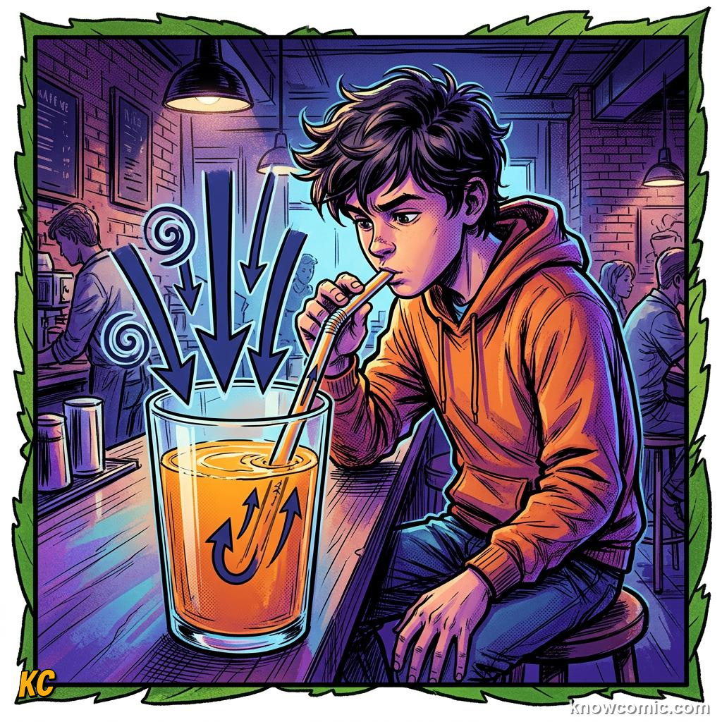 Comic panel about atmospheric pressure: Straw Trick, educational kids illustration