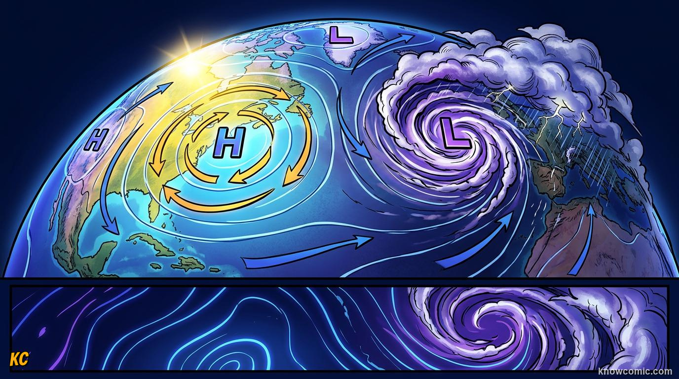 Comic panel about atmospheric pressure: Suction Is Push From Outside, Highs And Lows, educational kids illustration