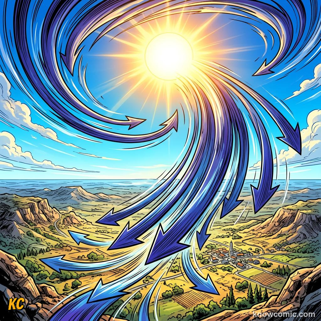 Comic panel about atmospheric pressure: How Pressure Builds The Weather, High (H), educational kids illustration