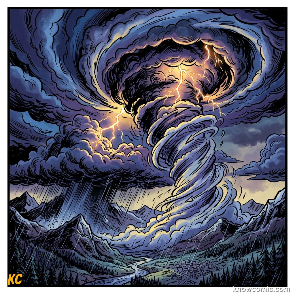 Comic panel about atmospheric pressure: Low (L), educational kids illustration