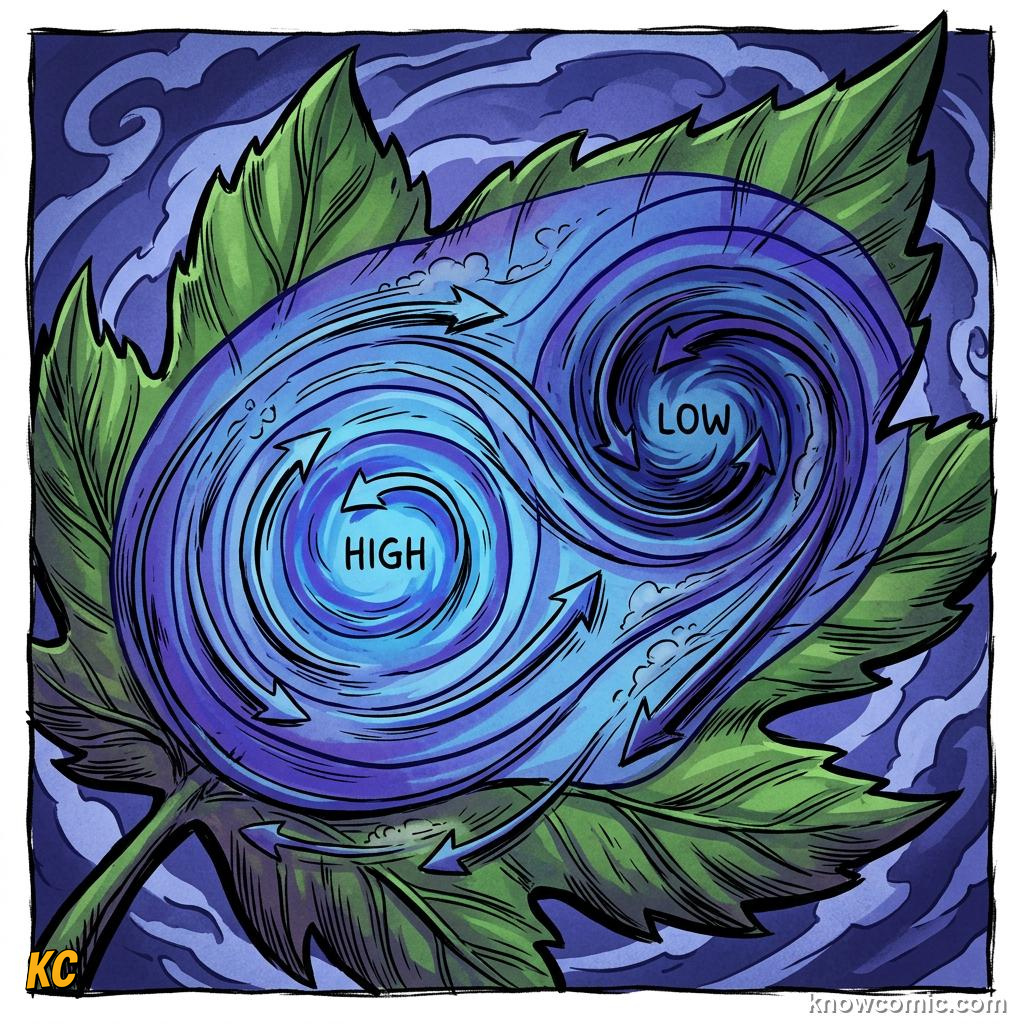 Comic panel about atmospheric pressure: Wind, educational kids illustration
