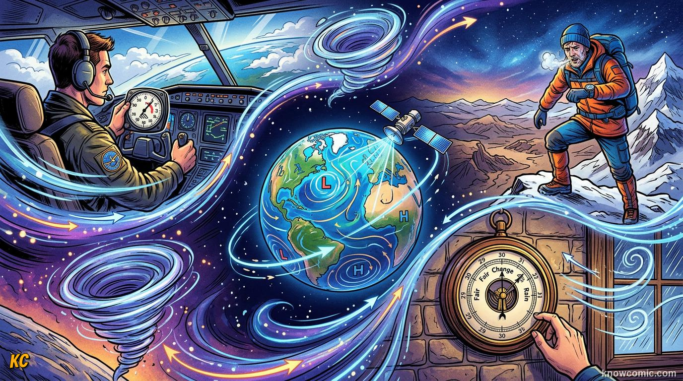 Comic panel about atmospheric pressure: Everywhere Around You, educational kids illustration
