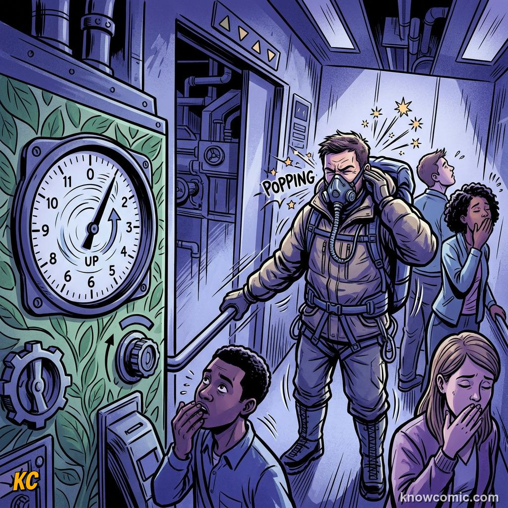 Comic panel about atmospheric pressure: Pressure Shapes Daily Life, Real World, educational kids illustration