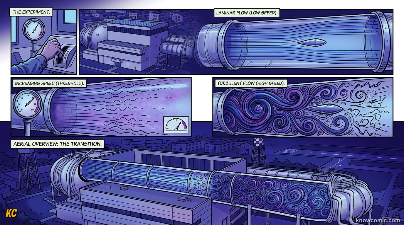 Comic panel about turbulent vs laminar flow: Laminar Flow In Detail, When Order Breaks, educational kids illustration