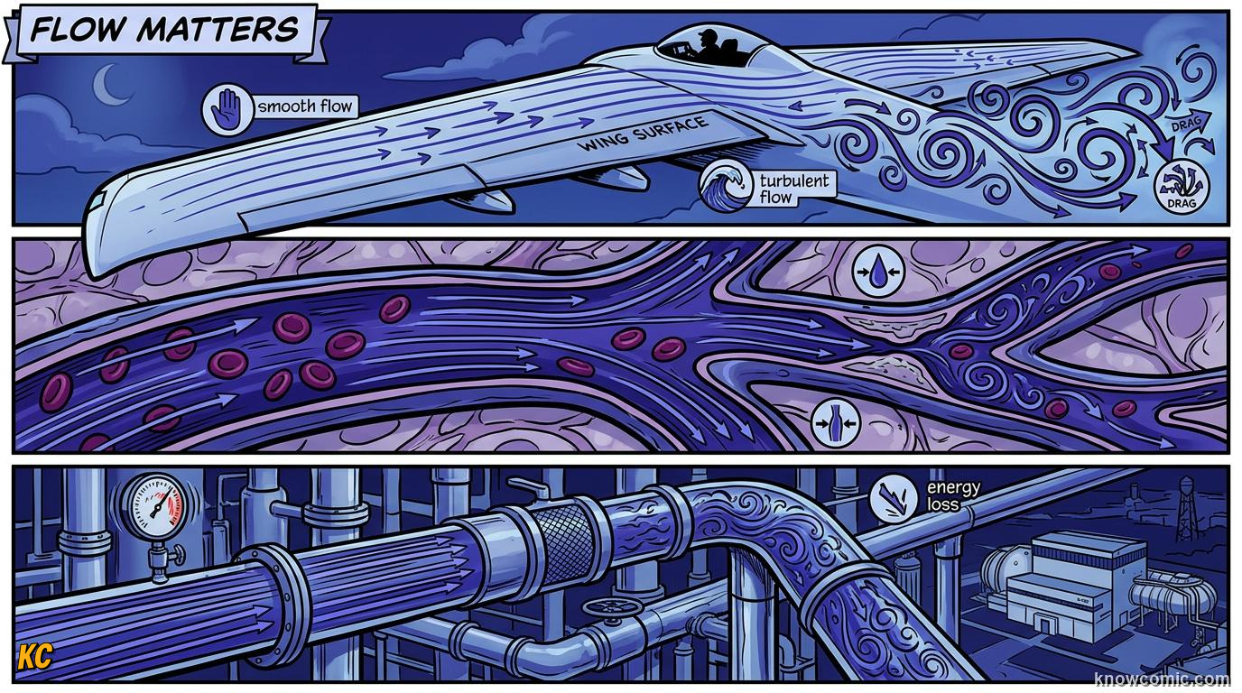 Comic panel about turbulent vs laminar flow: Why It Matters, educational kids illustration
