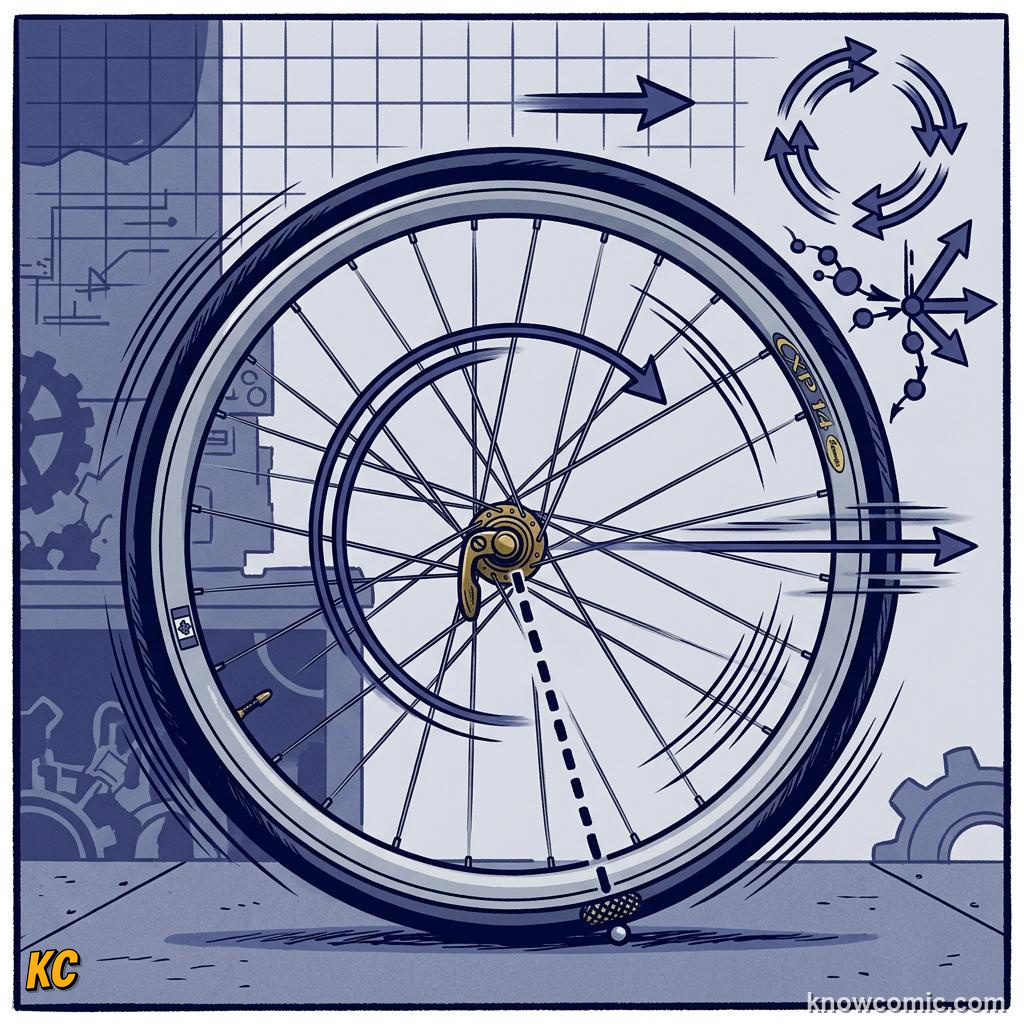 Comic panel about rolling motion: No Slip At The Contact Point, educational kids illustration