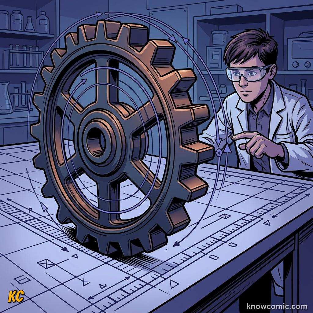 Comic panel about rolling motion: Top Point, educational kids illustration
