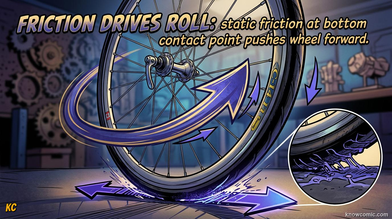Comic panel about rolling motion: Friction Helps, educational kids illustration