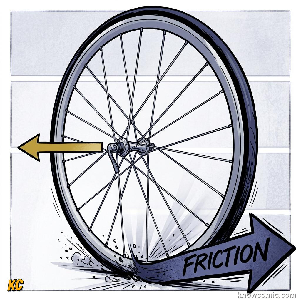 Comic panel about rolling motion: Static Friction, educational kids illustration