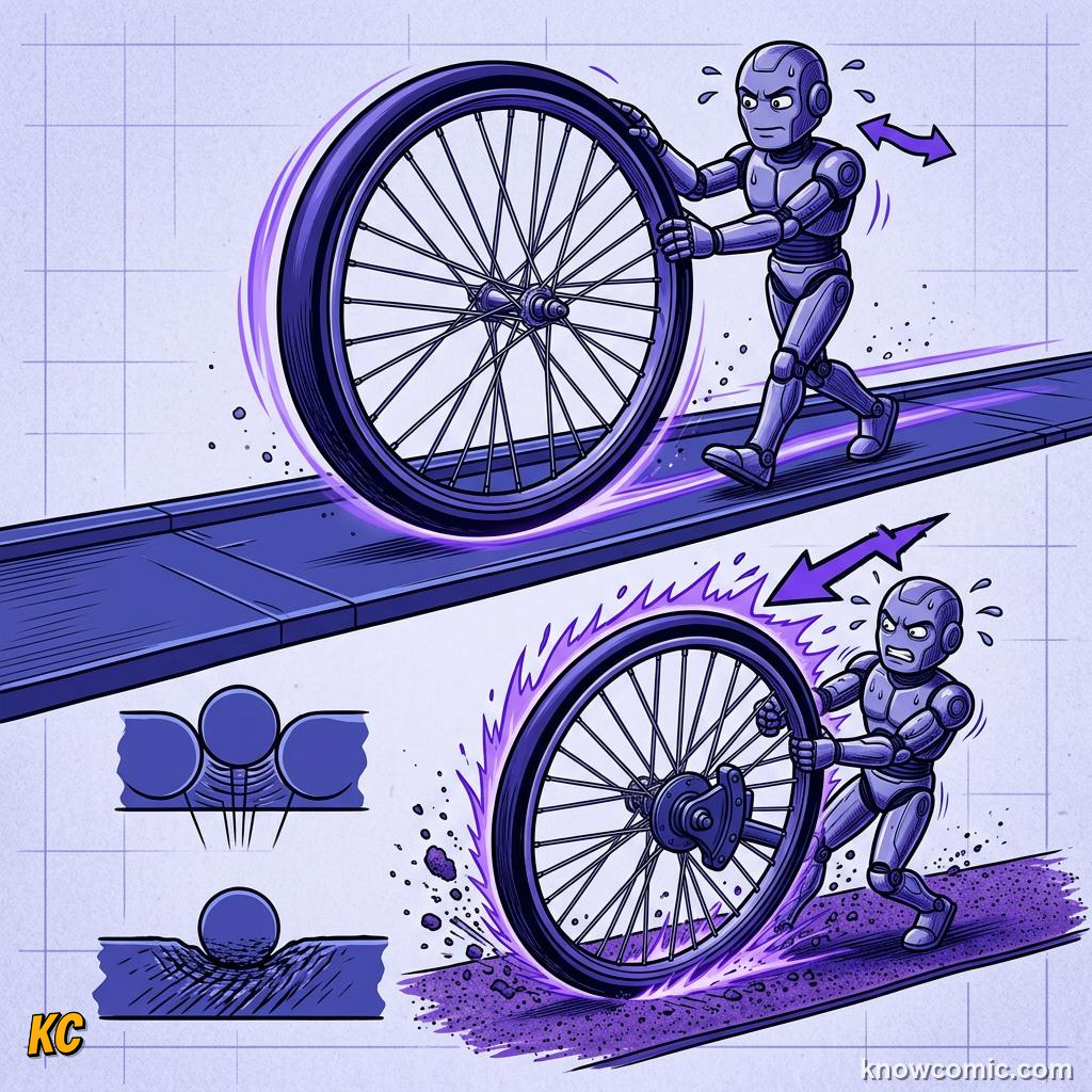 Comic panel about rolling motion: No Work Done, educational kids illustration