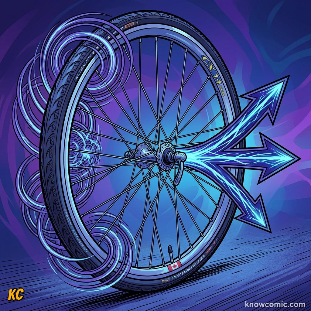 Comic panel about rolling motion: Torque Starts The Roll, Moment Of Inertia, educational kids illustration