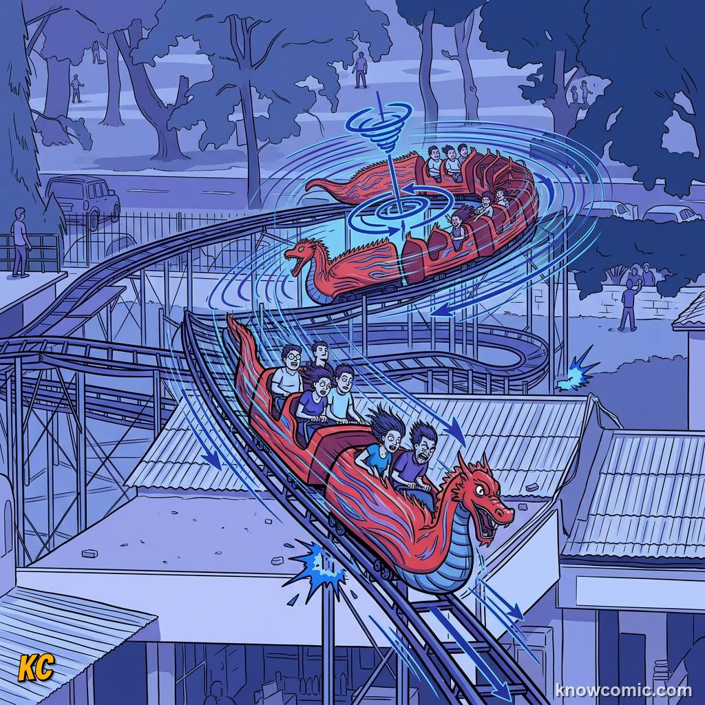 Comic panel about rolling motion: Down A Ramp, educational kids illustration