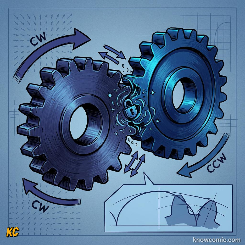 Comic panel about rolling motion: Gears, educational kids illustration