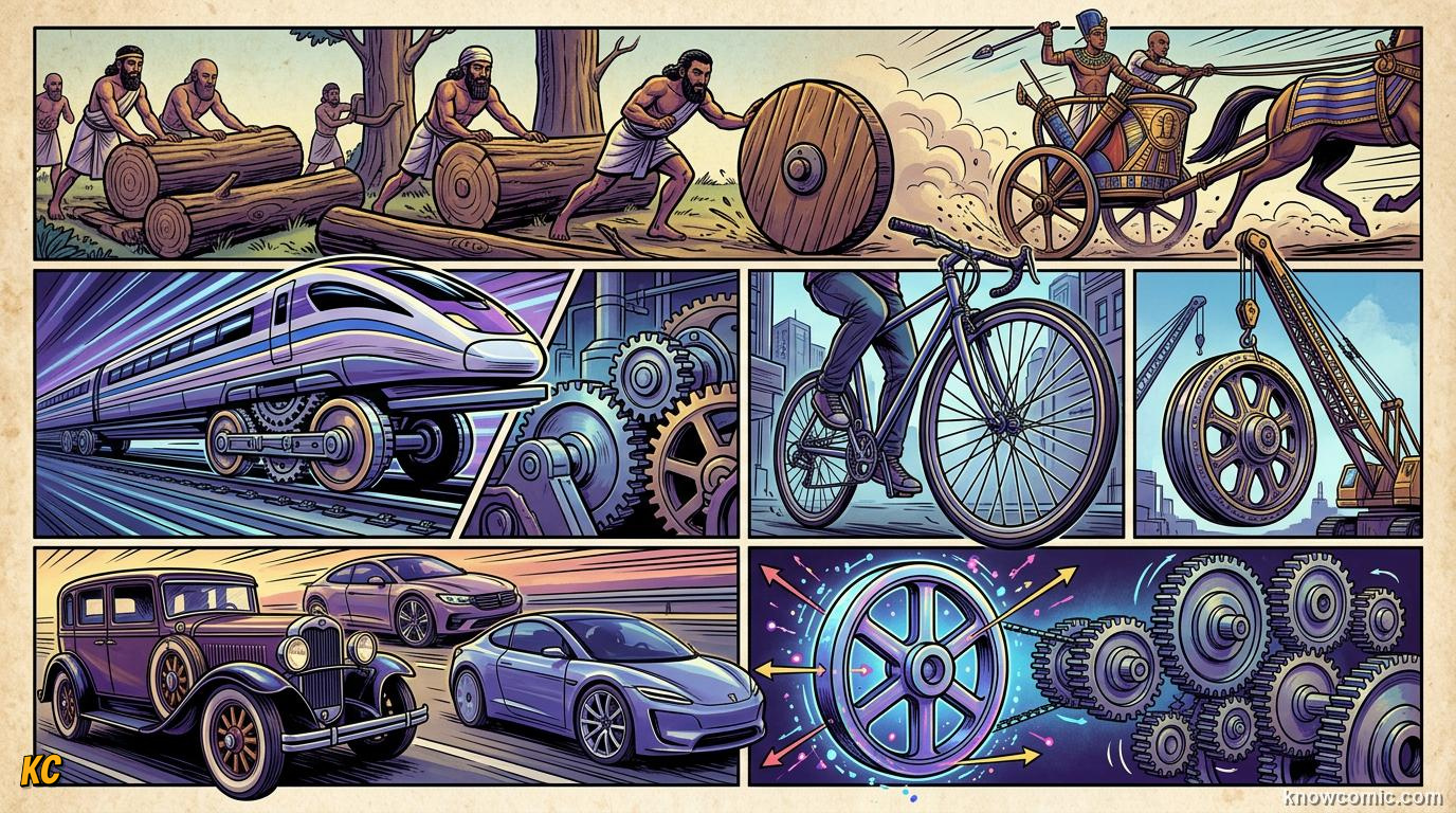 Comic panel about rolling motion: World On Wheels, educational kids illustration