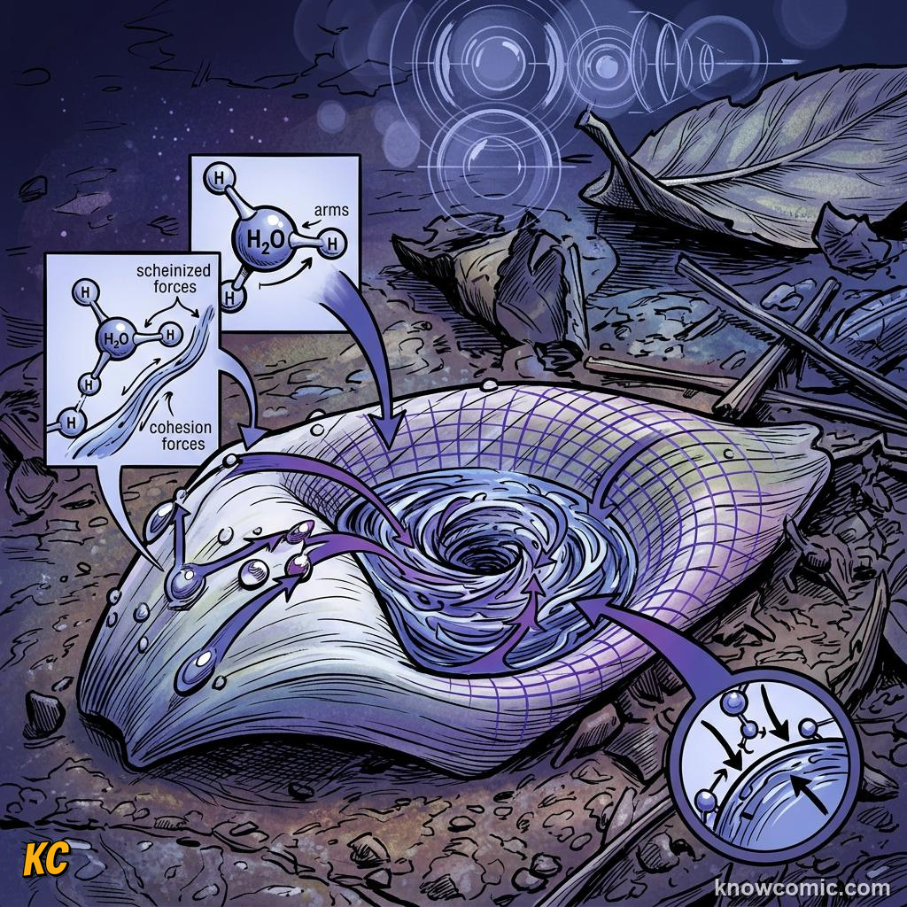 Comic panel about surface tension: Not A Real Skin, educational kids illustration
