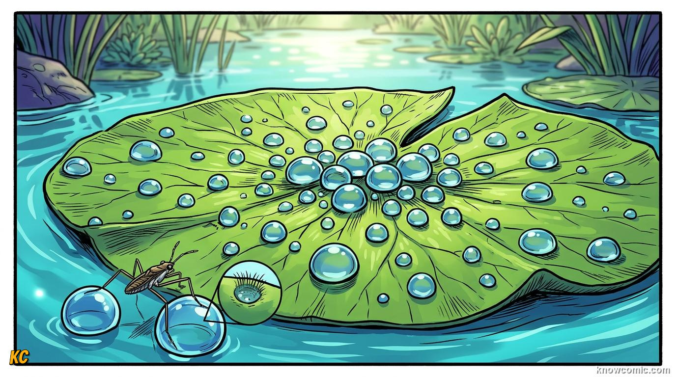 Comic panel about surface tension: Molecules Stick Together, educational kids illustration
