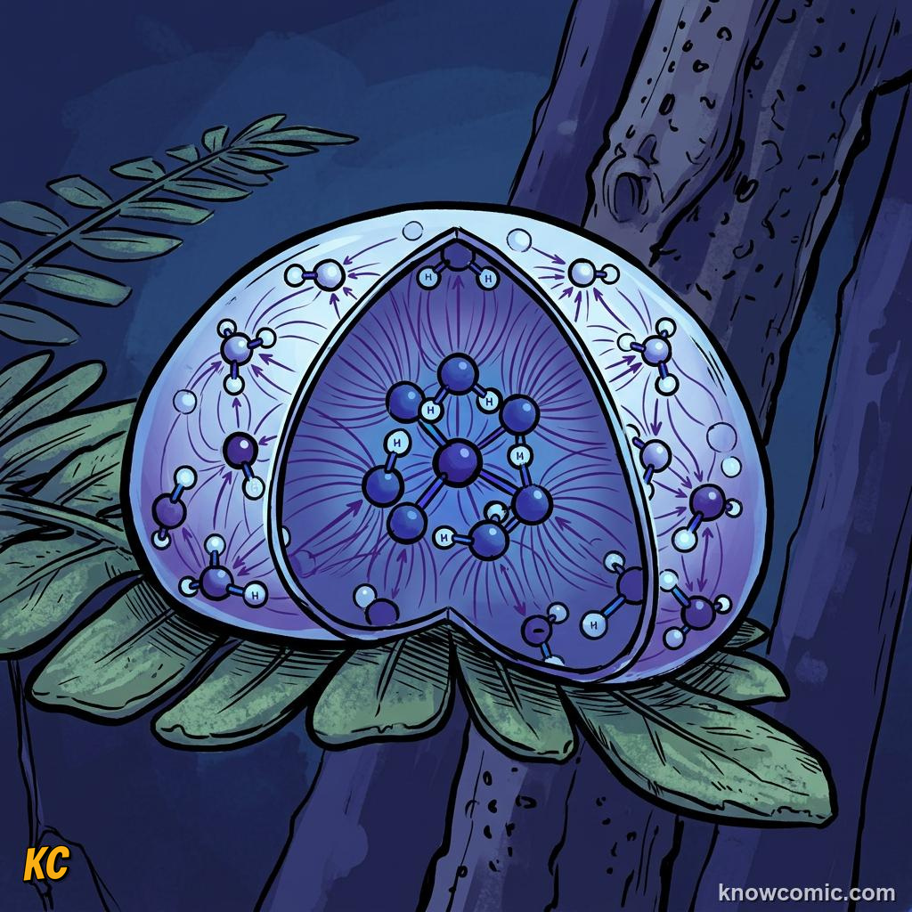 Comic panel about surface tension: Cohesion At The Surface, Bulk Water, educational kids illustration