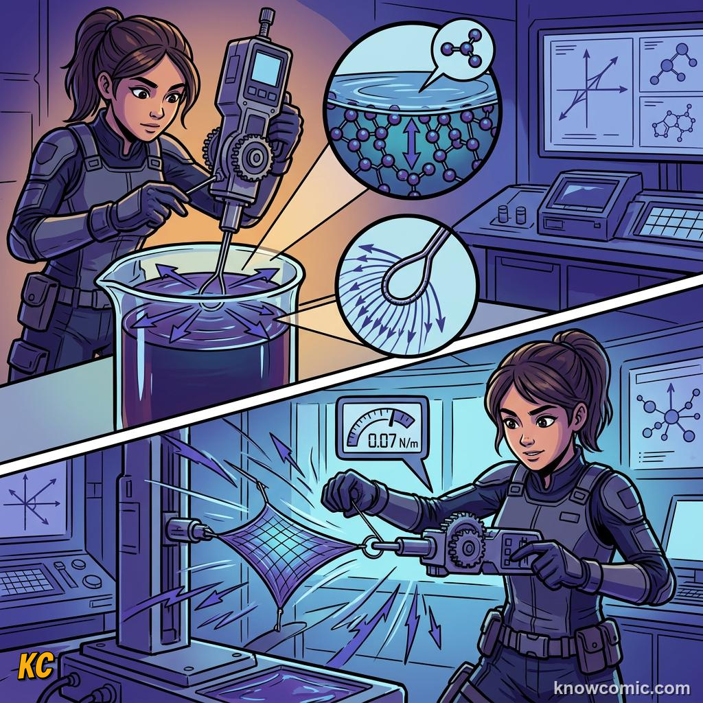 Comic panel about surface tension: Surface Layer, educational kids illustration