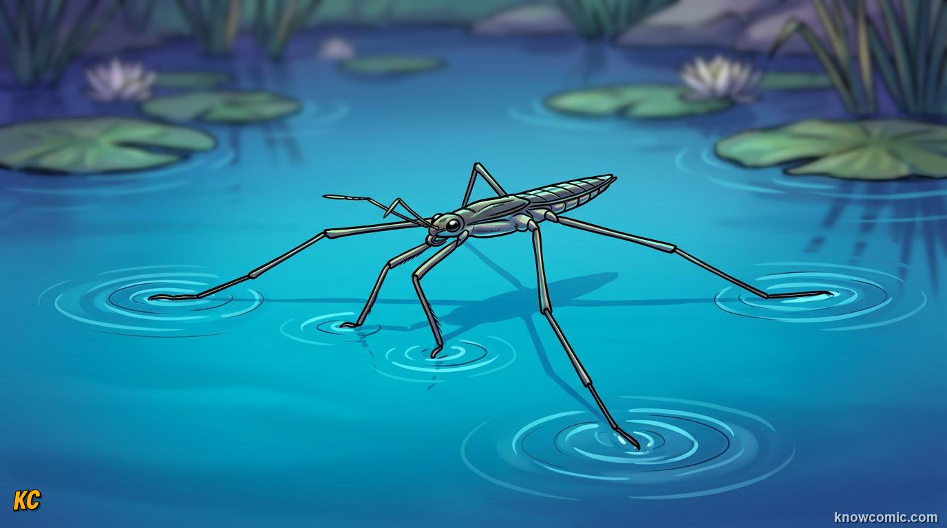 Comic panel about surface tension: Pond Skaters, educational kids illustration