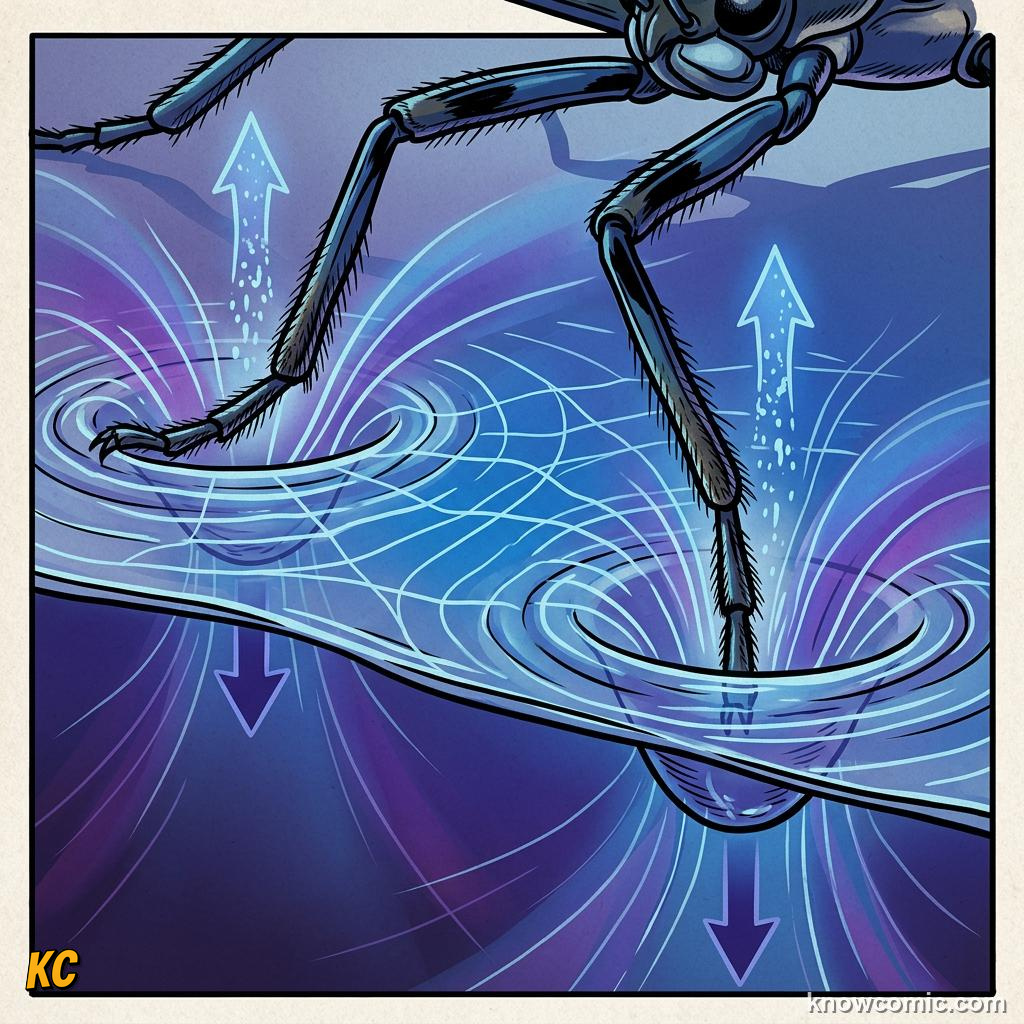 Comic panel about surface tension: Long Legs, educational kids illustration