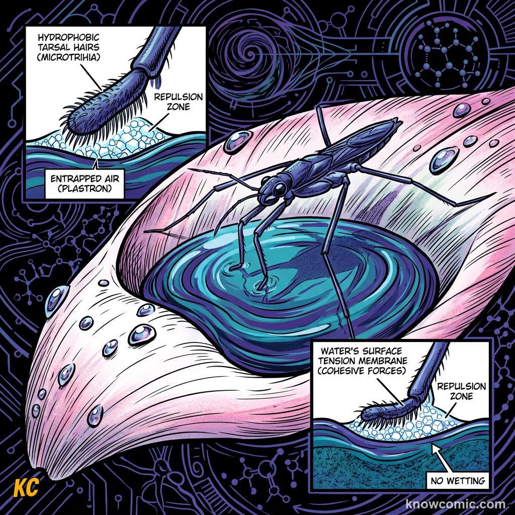 Comic panel about surface tension: Hydrophobic Legs, educational kids illustration
