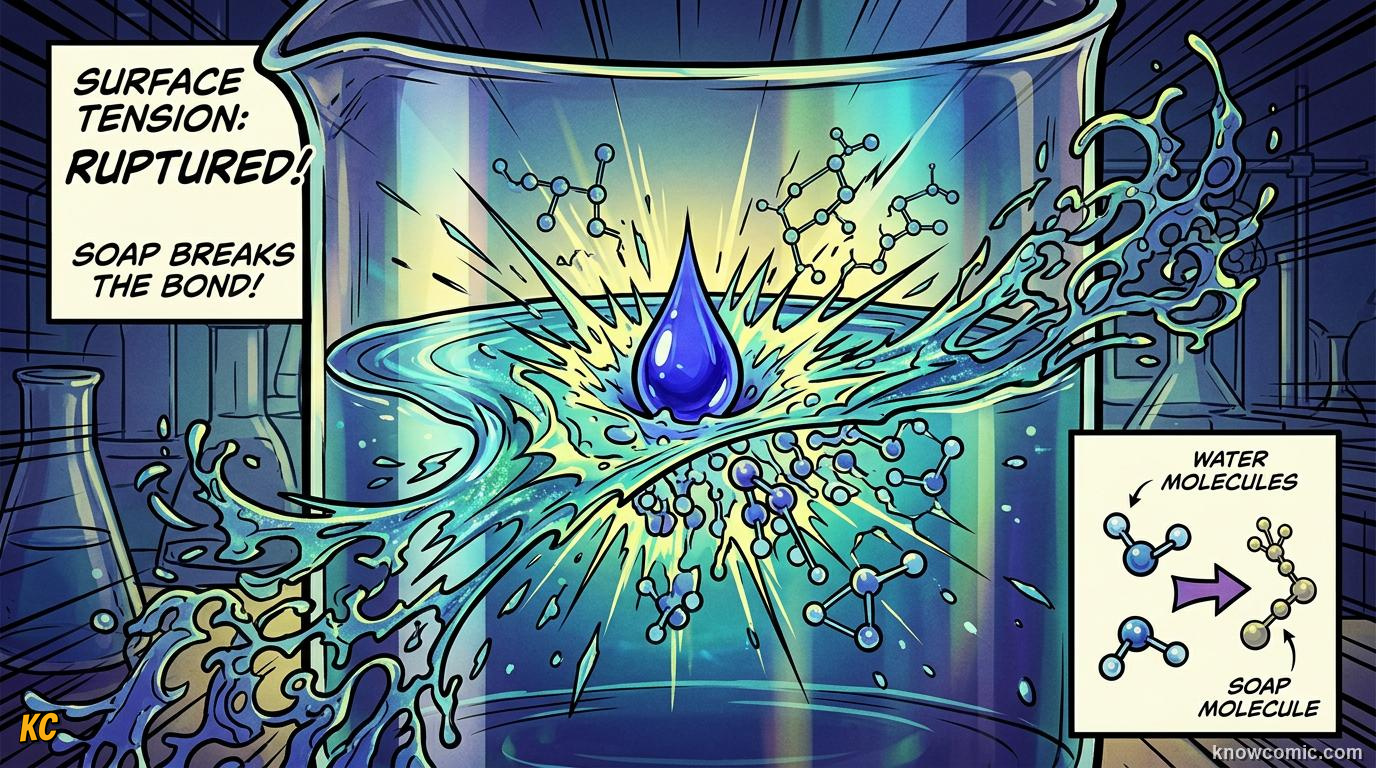 Comic panel about surface tension: How Insects Stand On Water, Nature'S Shape, educational kids illustration