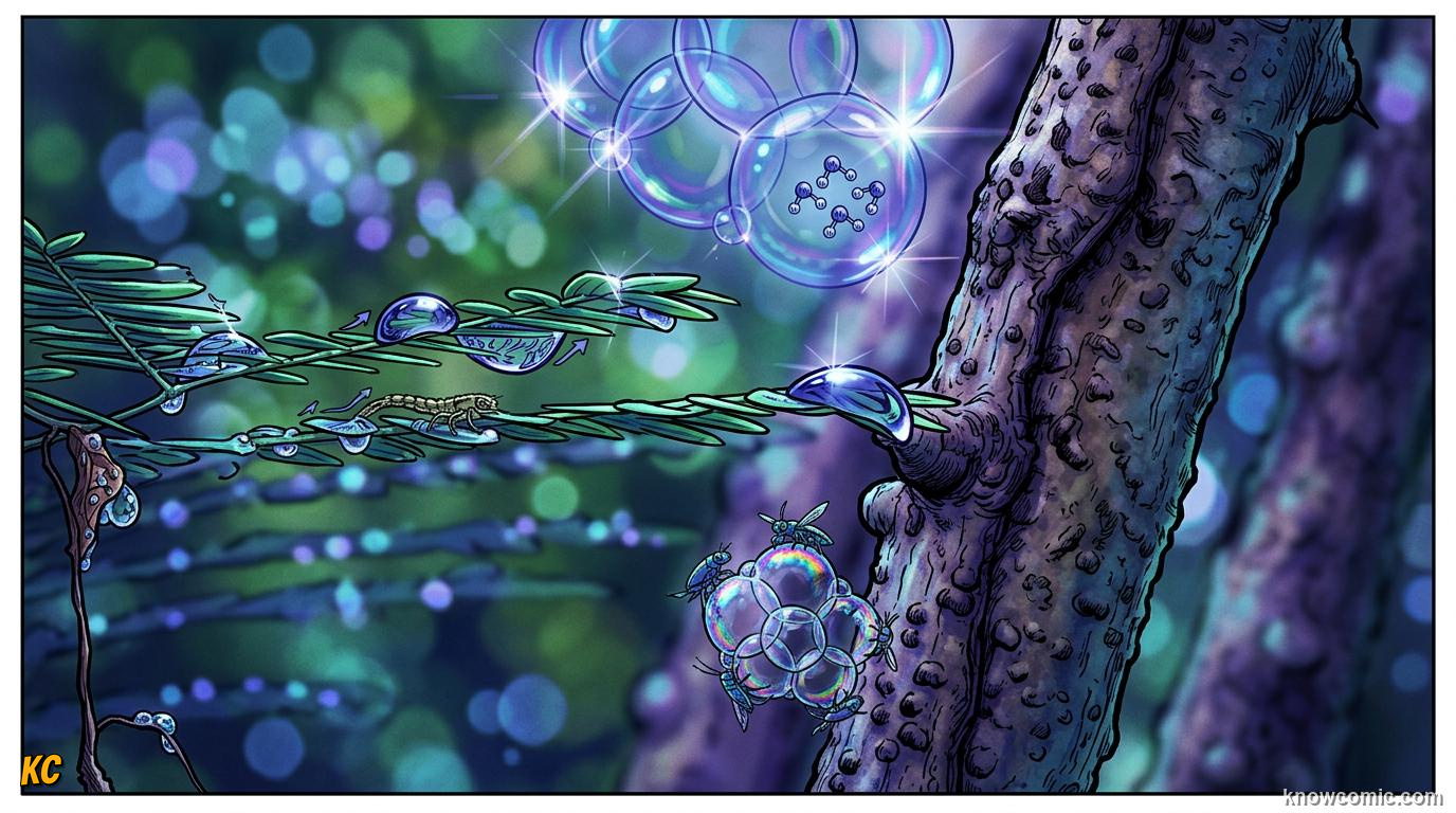 Comic panel about surface tension: Everywhere In Nature, educational kids illustration