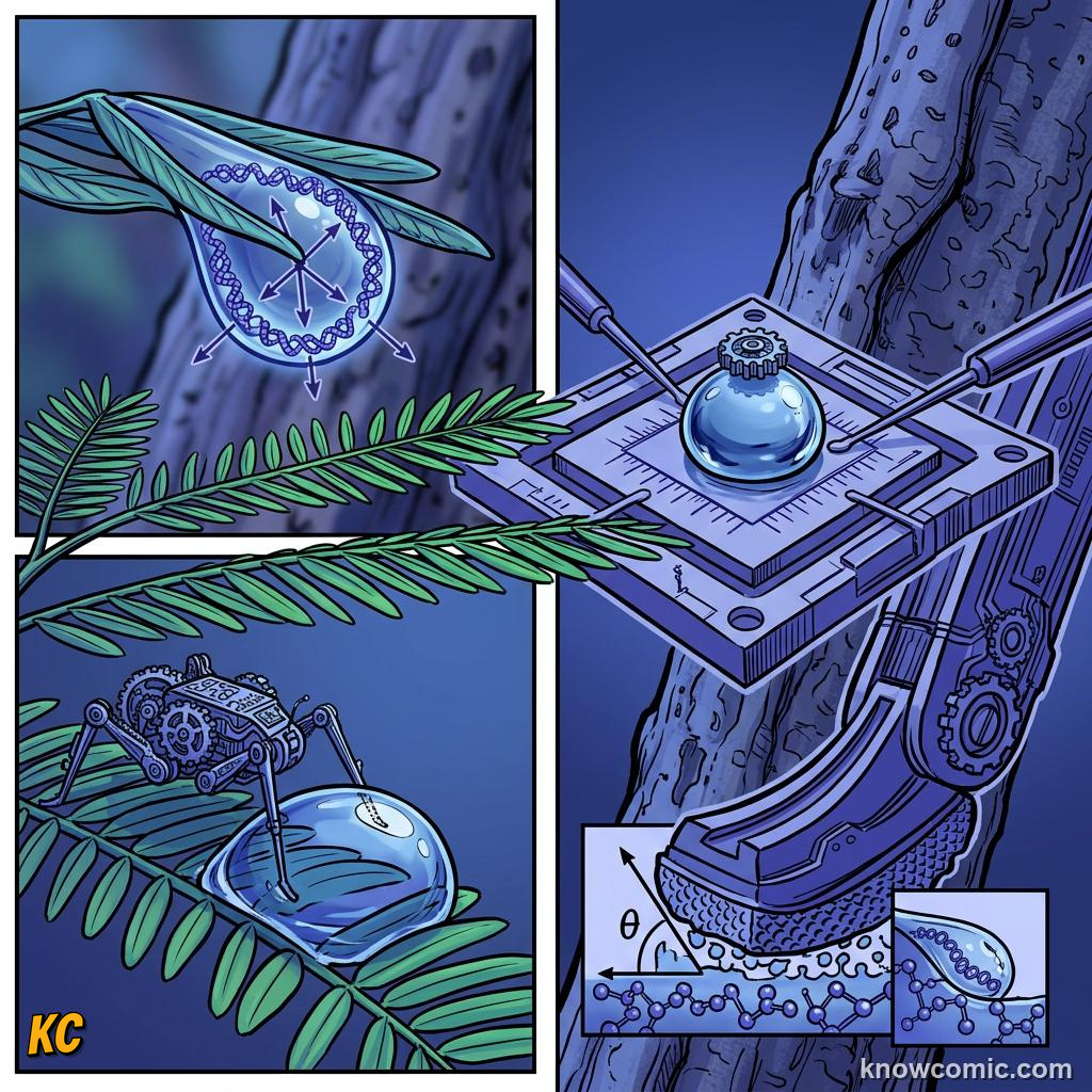 Comic panel about surface tension: The Power Of The Surface, Real World, educational kids illustration