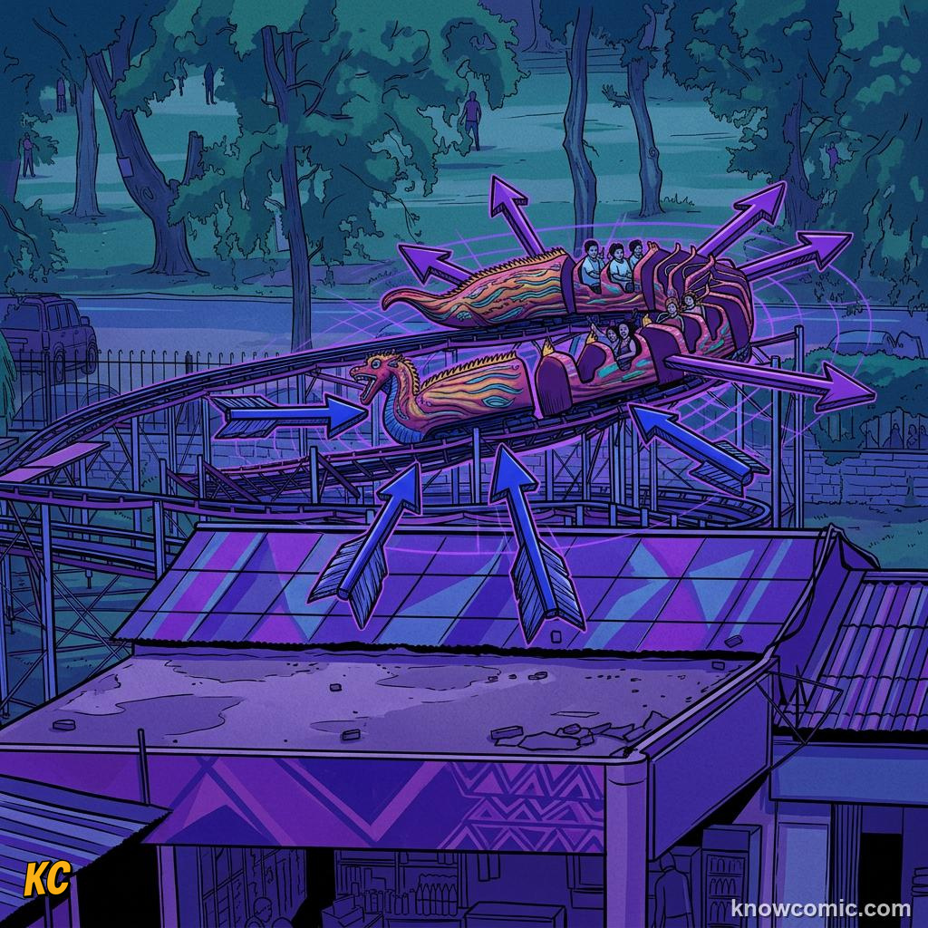 Comic panel about centrifugal 'force': Not A Real Push, educational kids illustration