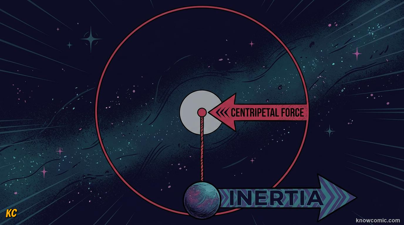 Comic panel about centrifugal 'force': Straight Line Wins, educational kids illustration
