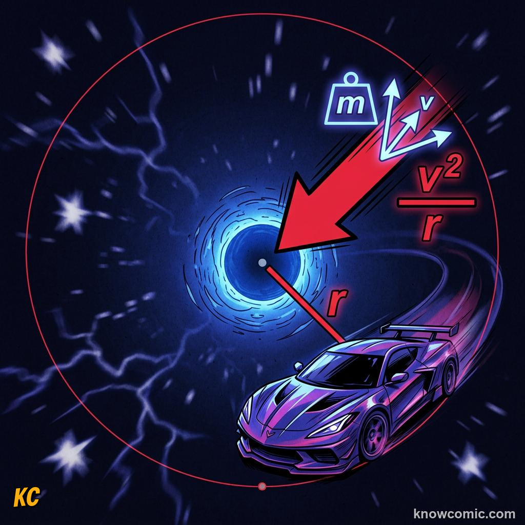 Comic panel about centrifugal 'force': Centripetal Formula, educational kids illustration