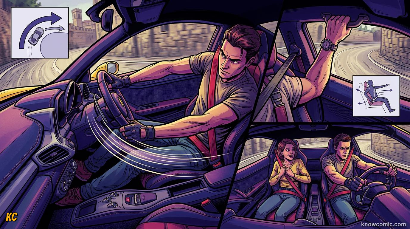 Comic panel about centrifugal 'force': Inside The Car, educational kids illustration