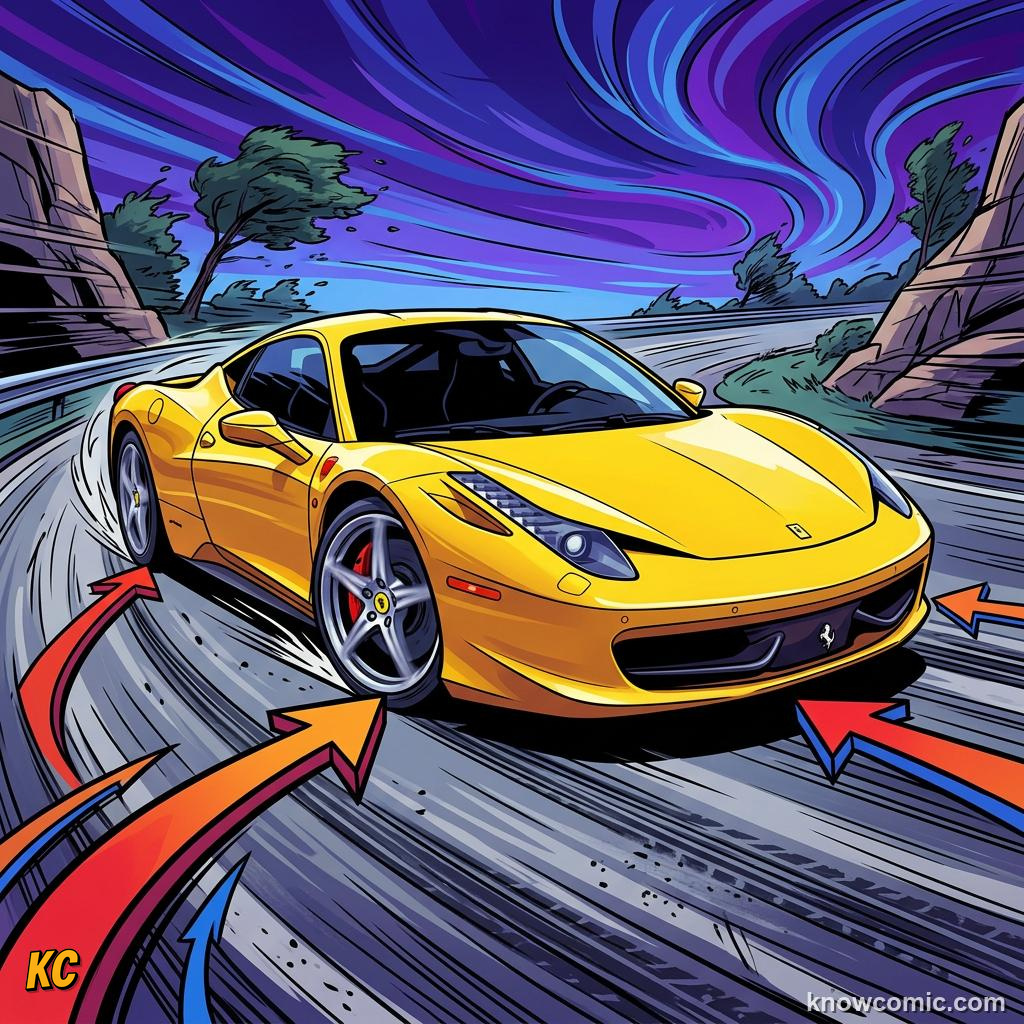 Comic panel about centrifugal 'force': Tire Friction, educational kids illustration