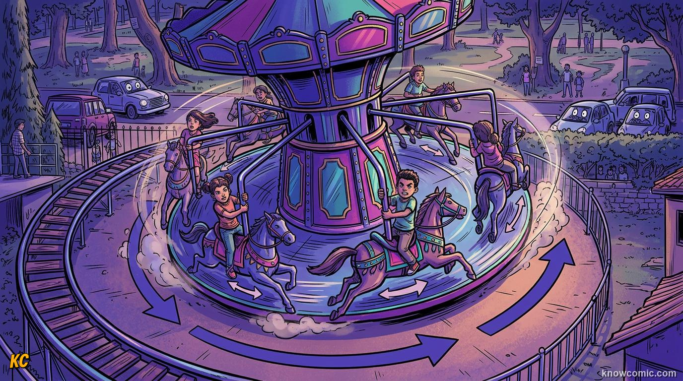 Comic panel about centrifugal 'force': Why You Slide Across The Seat, Merry-Go-Round, educational kids illustration