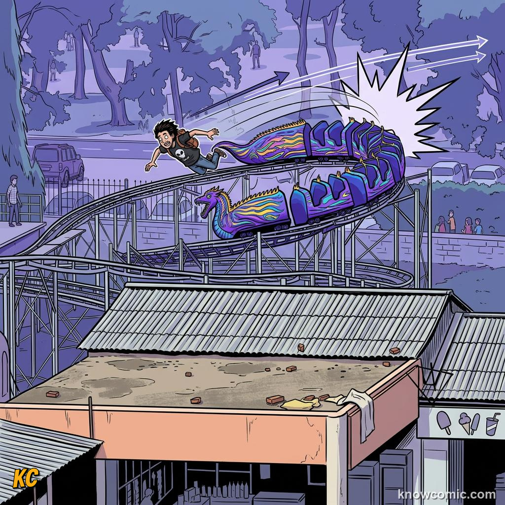 Comic panel about centrifugal 'force': Let Go, educational kids illustration