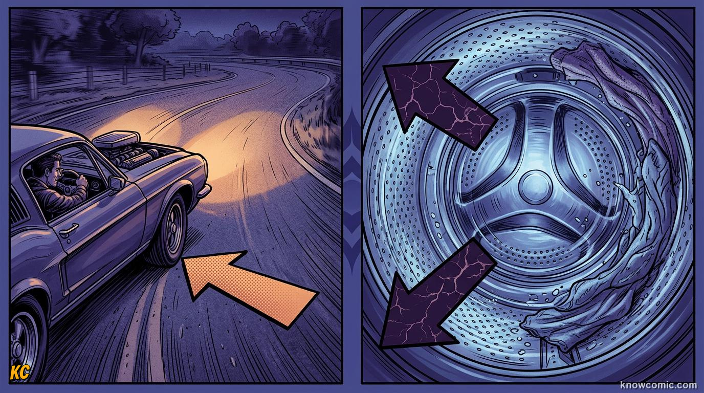 Comic panel about centrifugal 'force': The Full Picture, educational kids illustration