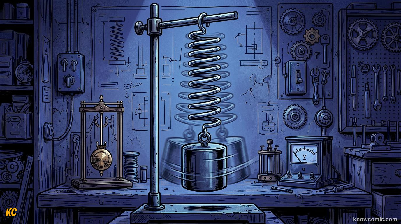 Comic panel about oscillators & springs: Stretch And Snap, educational kids illustration
