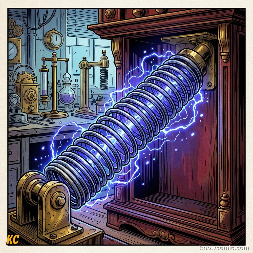 Comic panel about oscillators & springs: A Spring Is A Battery For Motion, Stretch, educational kids illustration