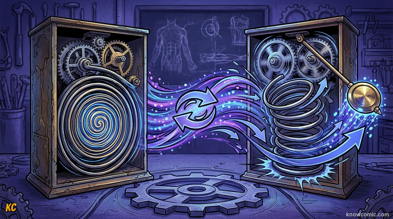 Comic panel about oscillators & springs: Ut Tensio, Sic Vis, educational kids illustration