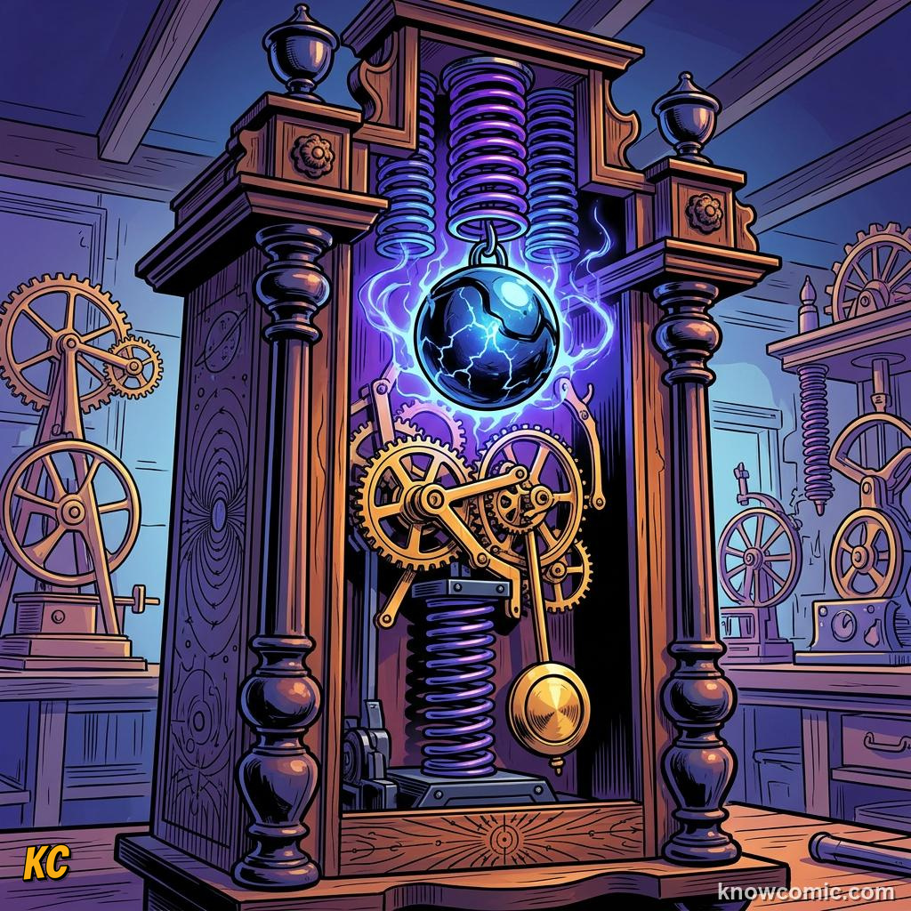 Comic panel about oscillators & springs: Restoring Force, educational kids illustration