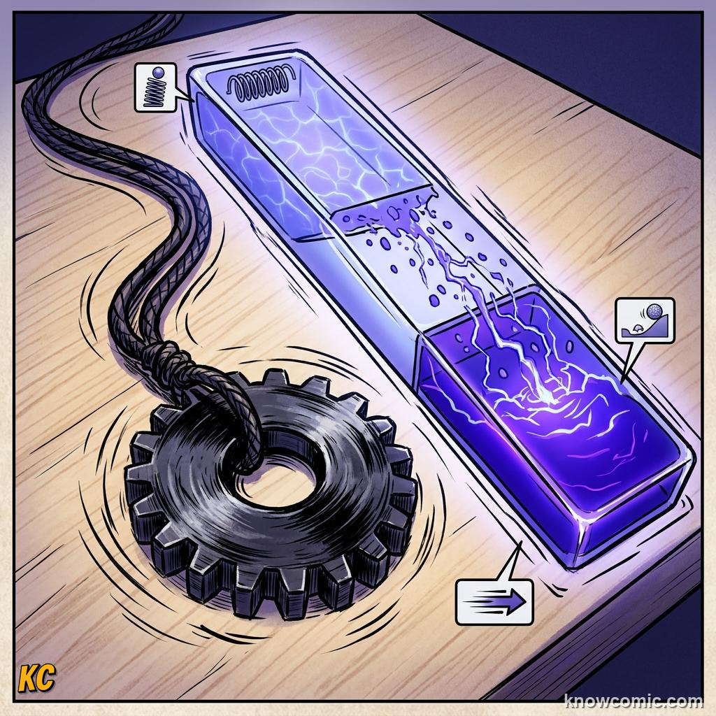 Comic panel about oscillators & springs: Elastic Limit, educational kids illustration