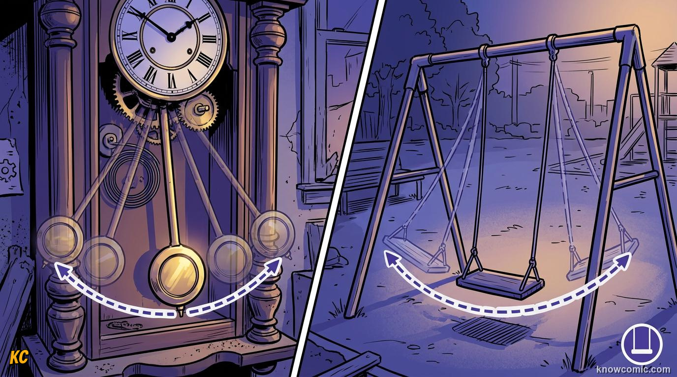 Comic panel about oscillators & springs: The Perfect Cycle, educational kids illustration