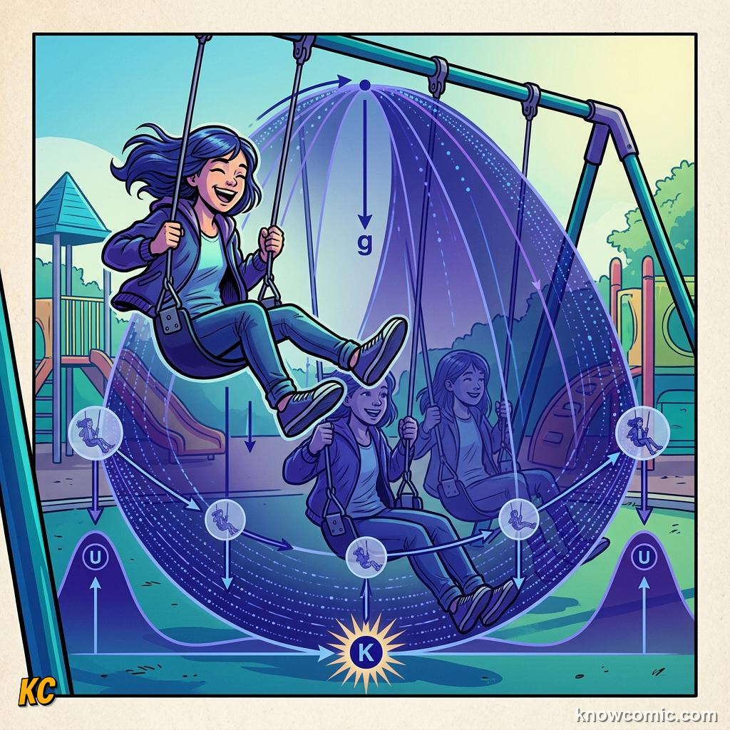 Comic panel about oscillators & springs: Amplitude, educational kids illustration