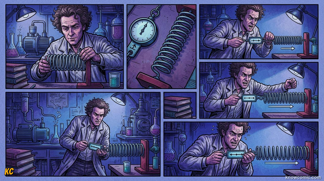 Comic panel about oscillators & springs: Pe To Ke To Pe, educational kids illustration